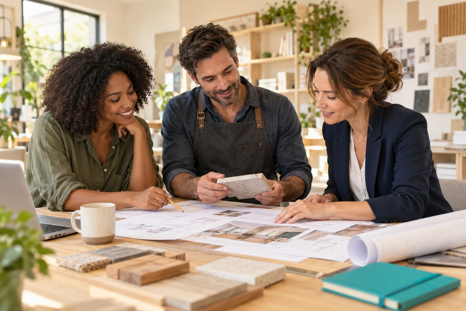 Trois personnes autour d'une table de travail examinent ensemble des plans et des échantillons de matériaux.